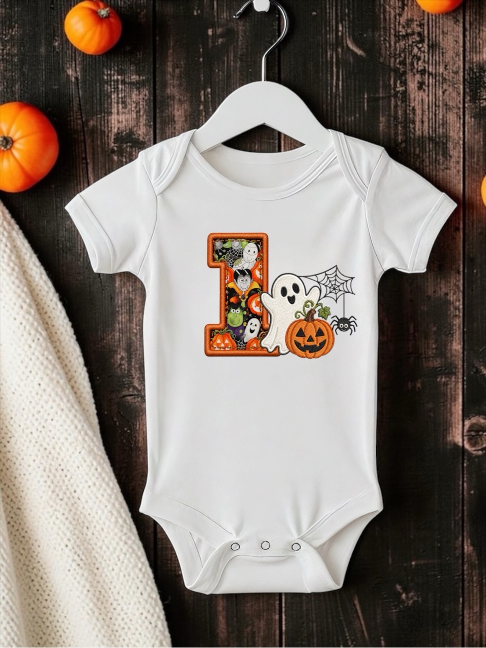 Halloween First Halloween Baby Bodysuit with Ghost & Pumpkin faux embroidery